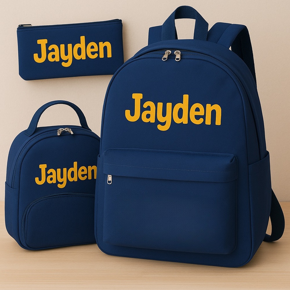 Navy Blue Backpack Set with Yellow Text
